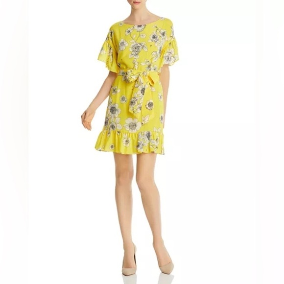 NWT Alice + Olivia Ellamae Flutter-Sleeve Floral Dress Yellow Size Small - Picture 1 of 8